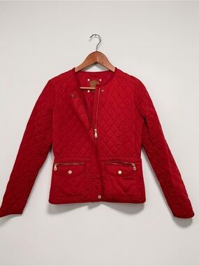 Massimo Dutti Womens Red Quilted Zip Up Jacket Long Sleeve Short Coat Size S